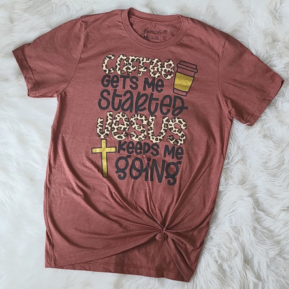 Women's coffee and Jesus burnt orange rust tee size medium